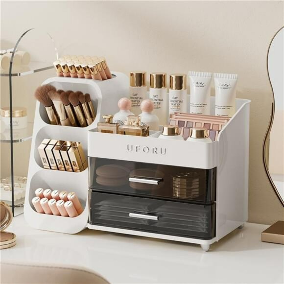 Makeup Organizer with Drawers and Brush Holder Vanity Cosmetic Storage Case - Picture 2 of 7